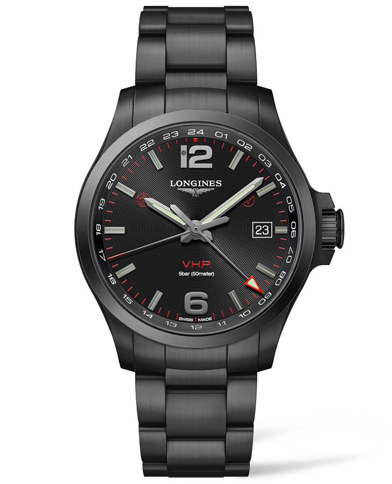 Longines Longines Conquest V.H.P. L3.728.2.56.6  L37282566 кварцевые мужские часы черный циферблат, браслет сталь c pvd покрытием — вид спереди